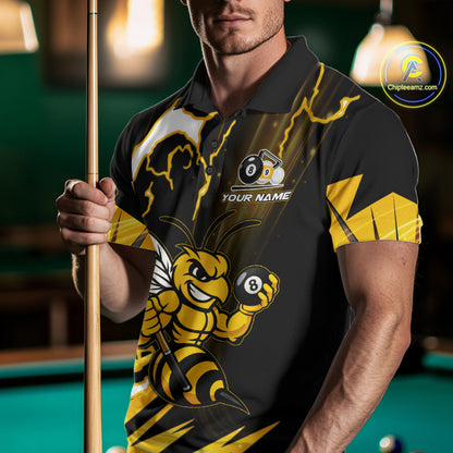 Man wearing a yellow black funny bee 8 ball and 9 ball custom billiard jersey front view, personalized pool team shirt.