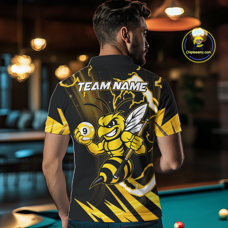 Back view of man wearing a yellow black funny bee 8 ball and 9 ball billiard team jersey, custom pool tournament shirt.