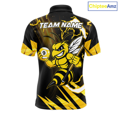 Yellow black funny bee 8 ball and 9 ball pool team polo shirt with custom billiard graphics, personalized billiard team jersey.
