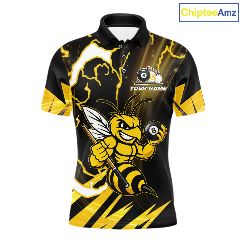 Yellow black funny bee 8 ball and 9 ball custom billiard polo shirt for men, personalized pool team jersey for tournaments.