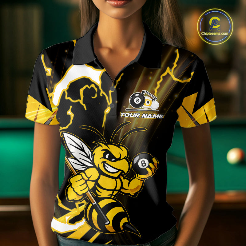 Woman wearing a yellow black funny bee 8 ball and 9 ball custom billiard jersey front view, personalized pool team shirt.