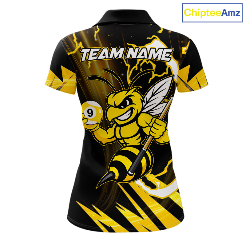 Yellow black funny bee 8 ball and 9 ball pool team polo shirt with custom billiard graphics, personalized billiard team jersey.