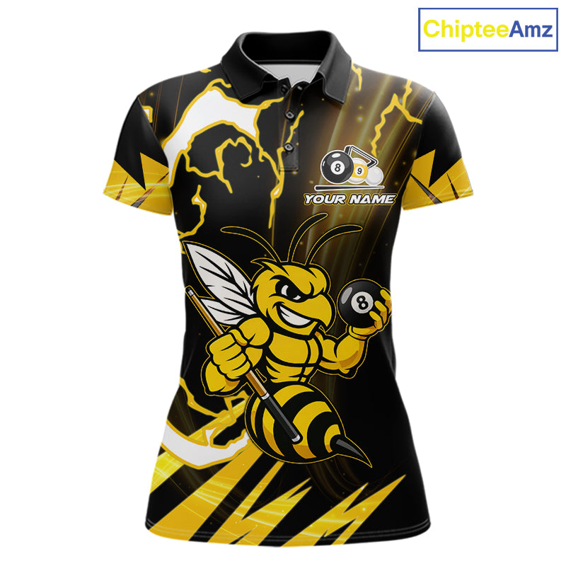 Yellow black funny bee 8 ball and 9 ball custom billiard polo shirt for women, personalized pool team jersey for tournaments.