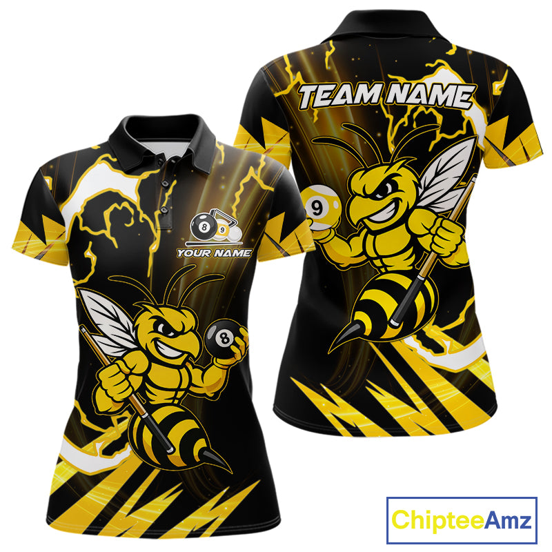 Yellow black funny bee 8 ball and 9 ball custom billiard polo shirt for women, personalized pool team jersey for tournaments.
