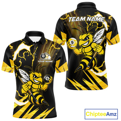 Yellow black funny bee 8 ball and 9 ball custom billiard polo shirt for men, personalized pool team jersey for tournaments.