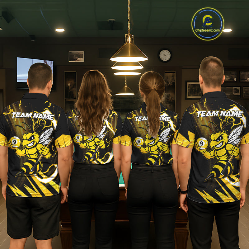 Back view of pool players wearing matching yellow black funny bee 8 ball and 9 ball billiard team shirts and custom pool jerseys.