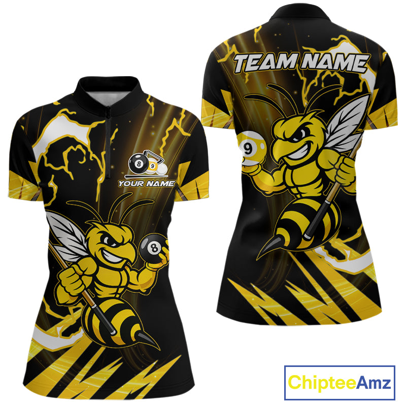 Yellow black funny bee 8 ball and 9 ball quarter zip billiard shirt for women, custom pool team jersey and tournament apparel.