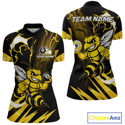 Yellow black funny bee 8 ball and 9 ball quarter zip billiard shirt for women, custom pool team jersey and tournament apparel.