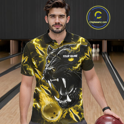 Man wearing a yellow flame panther bowling polo shirt front view, custom bowling league jersey for men.