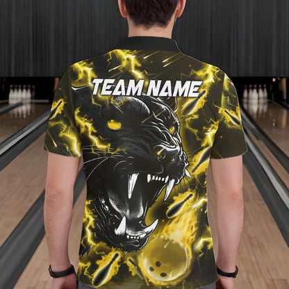 Back view of man wearing a yellow flame panther bowling polo shirt, custom bowling team jersey design.
