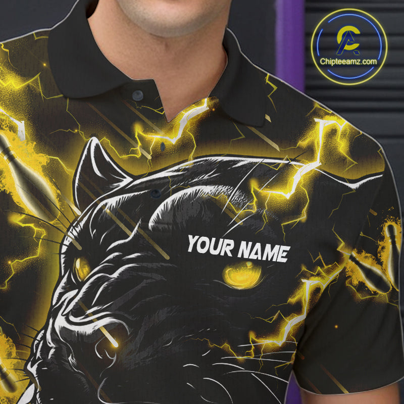 Close up of collar, chest and button details on a yellow flame panther men's bowling polo shirt.