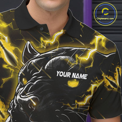 Close up of collar, chest and button details on a yellow flame panther men's bowling polo shirt.
