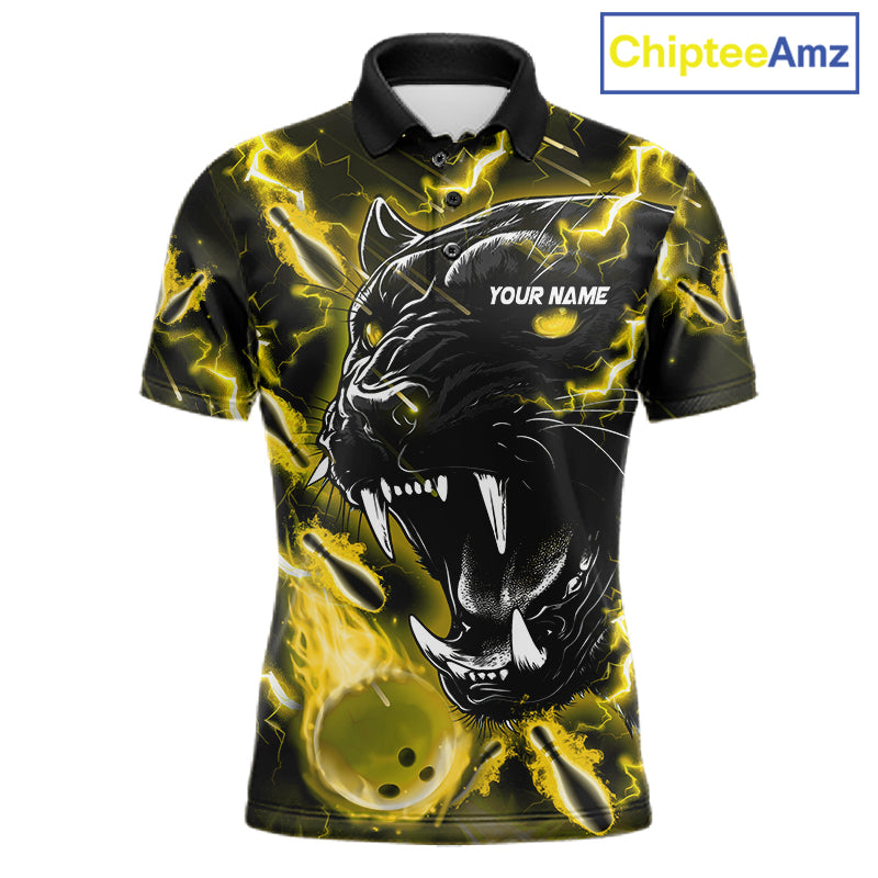 Yellow flame panther custom bowling polo shirt for men, personalized bowling team jersey for league tournaments.