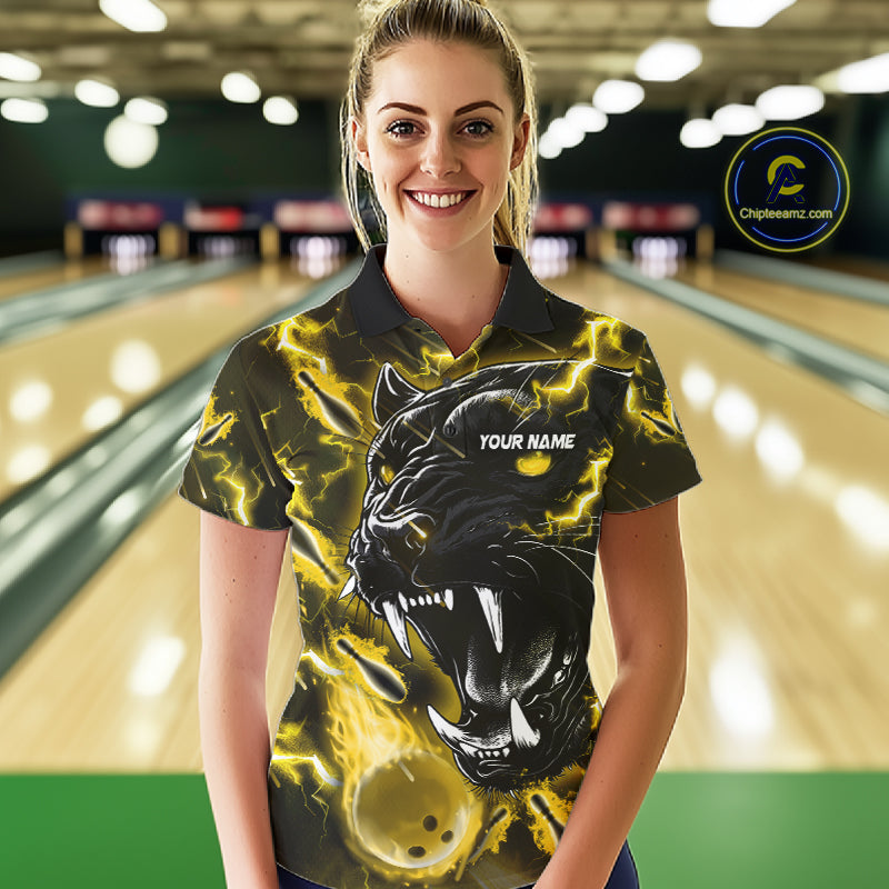 Woman wearing a yellow flame panther bowling polo shirt front view, custom bowling league jersey for women.