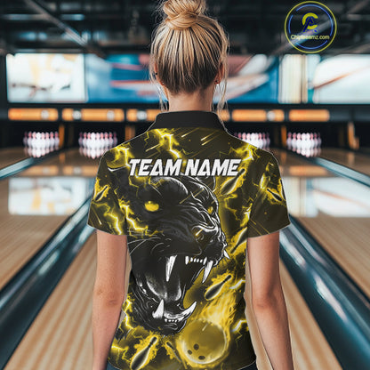 Back view of woman wearing a yellow flame panther bowling polo shirt, custom bowling team jersey design.