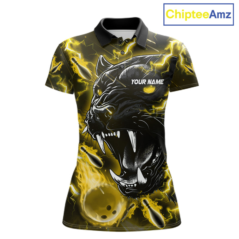 Yellow flame panther custom bowling polo shirt for women, personalized bowling team jersey for league tournaments.