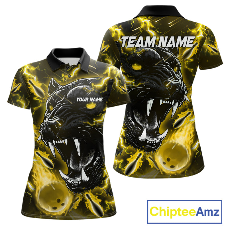 Yellow flame panther bowling team polo shirt for women with custom league and tournament graphics.