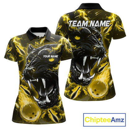 Yellow flame panther bowling team polo shirt for women with custom league and tournament graphics.