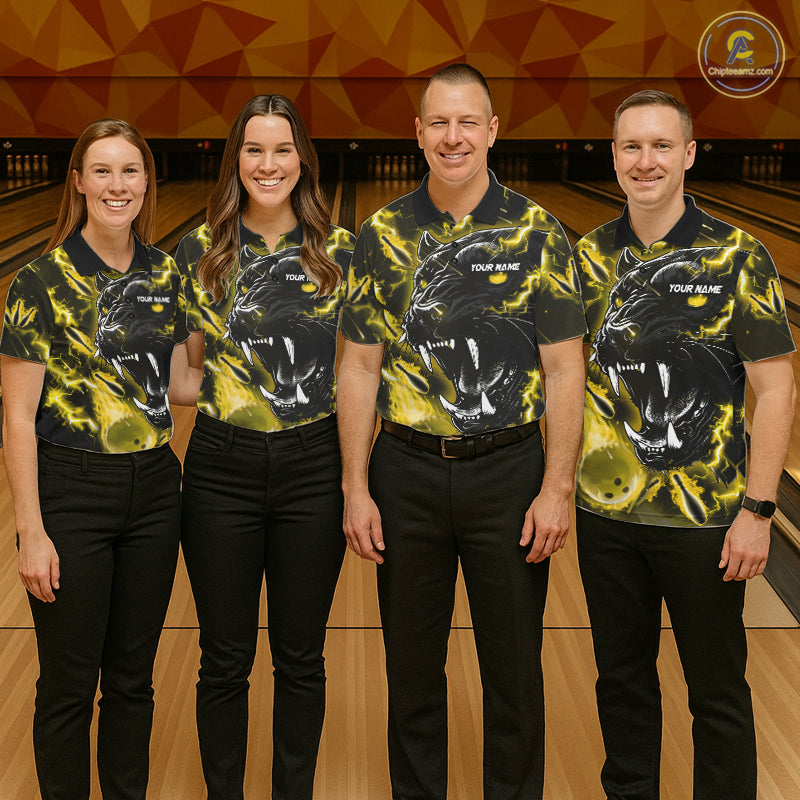 Bowling team wearing matching yellow flame panther custom bowling jerseys front view.