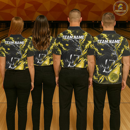 Back view of bowling team wearing matching yellow flame panther bowling league jerseys.