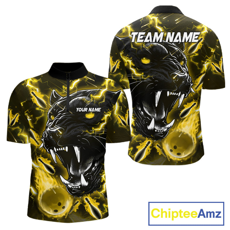 Yellow flame panther quarter zip bowling shirt for men, custom bowling team jersey and tournament apparel.