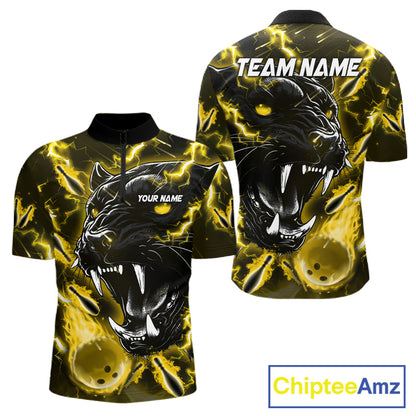 Yellow flame panther quarter zip bowling shirt for men, custom bowling team jersey and tournament apparel.