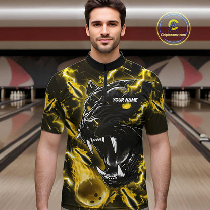 Man wearing a yellow flame panther quarter zip bowling shirt front view, personalized bowling team apparel.