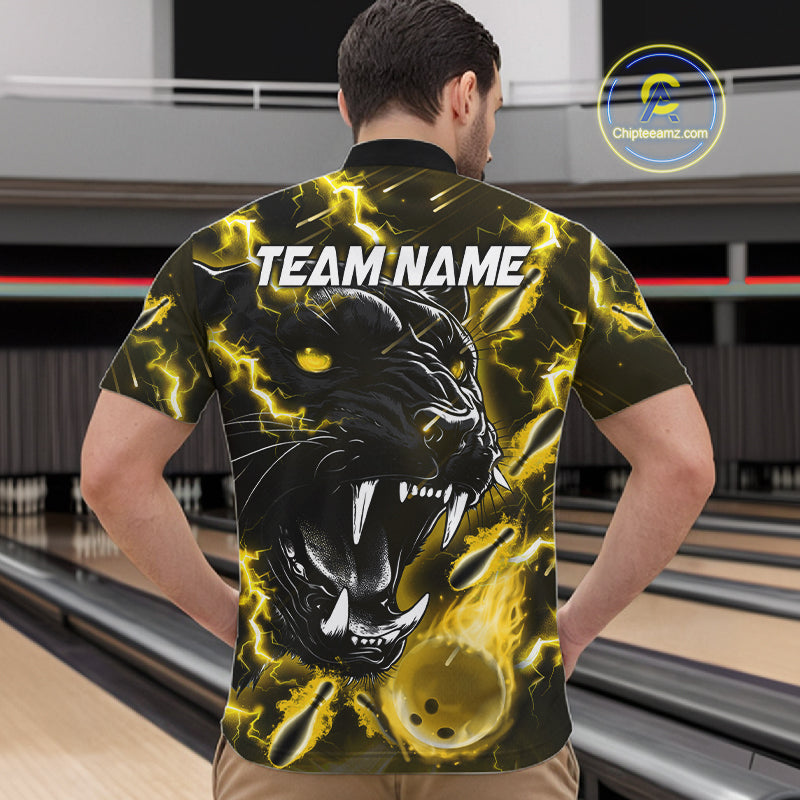 Back view of man wearing a yellow flame panther quarter zip bowling shirt, bowling league team uniform.