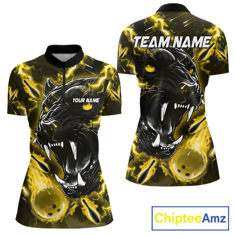 Yellow flame panther quarter zip bowling shirt for women, custom bowling team jersey and tournament apparel.