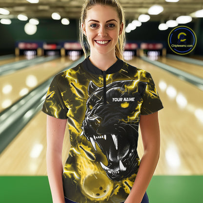 Woman wearing a yellow flame panther quarter zip bowling shirt front view, personalized bowling team apparel.