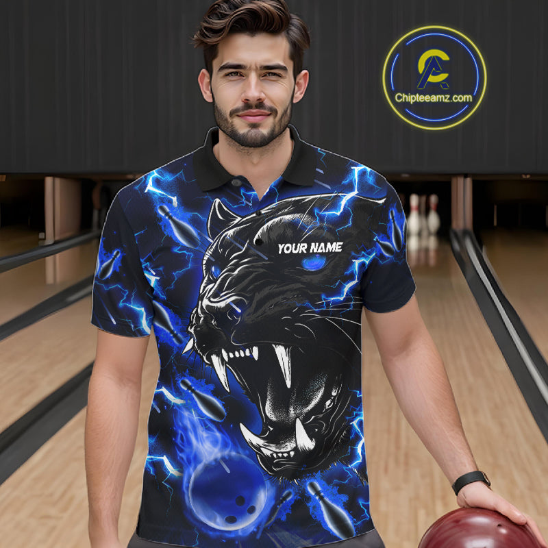 Man wearing a blue flame panther bowling polo shirt front view, custom bowling league jersey for men.