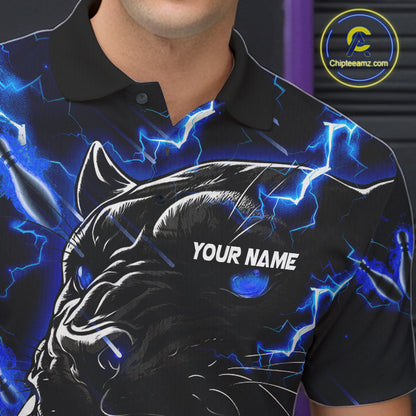 Close up of collar, chest and button details on a blue flame panther men's bowling polo shirt.