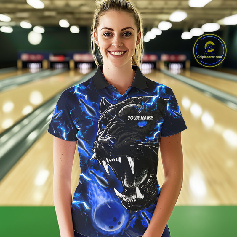 Woman wearing a blue flame panther bowling polo shirt front view, custom bowling league jersey for women.