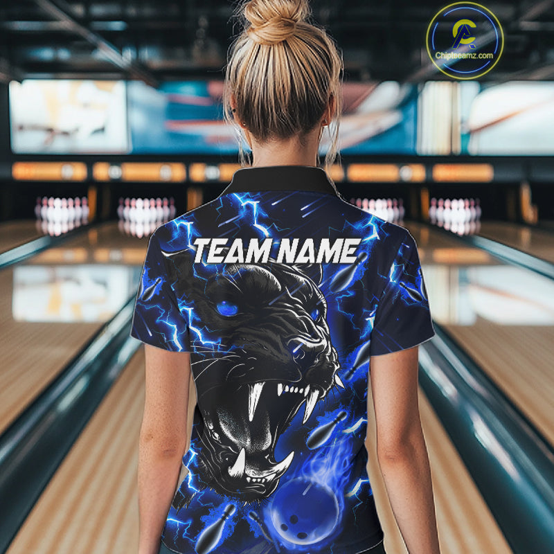 Back view of woman wearing a blue flame panther bowling polo shirt, custom bowling team jersey design.