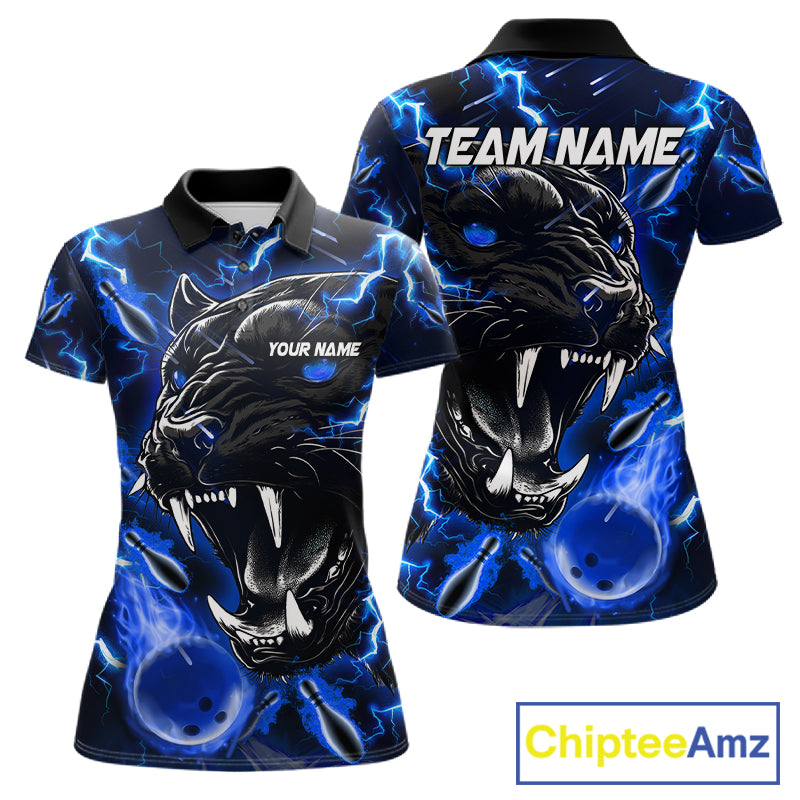 Blue flame panther bowling team polo shirt for women with custom league and tournament graphics.