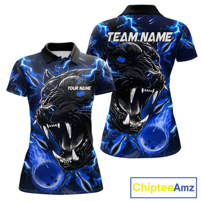 Blue flame panther bowling team polo shirt for women with custom league and tournament graphics.