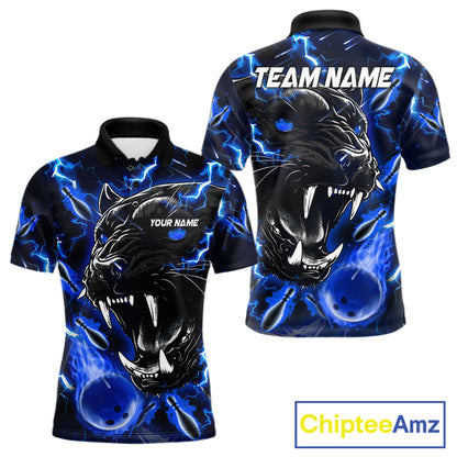 Blue flame panther bowling team polo shirt for men with custom league and tournament graphics.