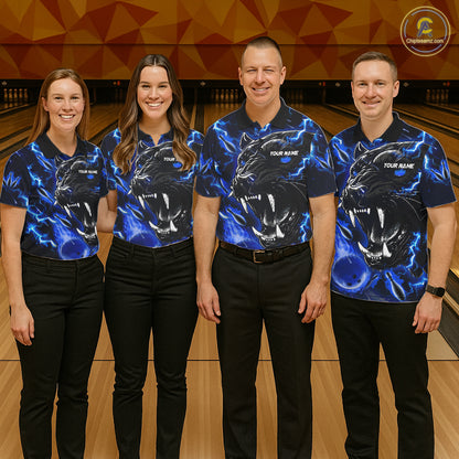 Back view of bowling team wearing matching blue flame panther bowling league jerseys.