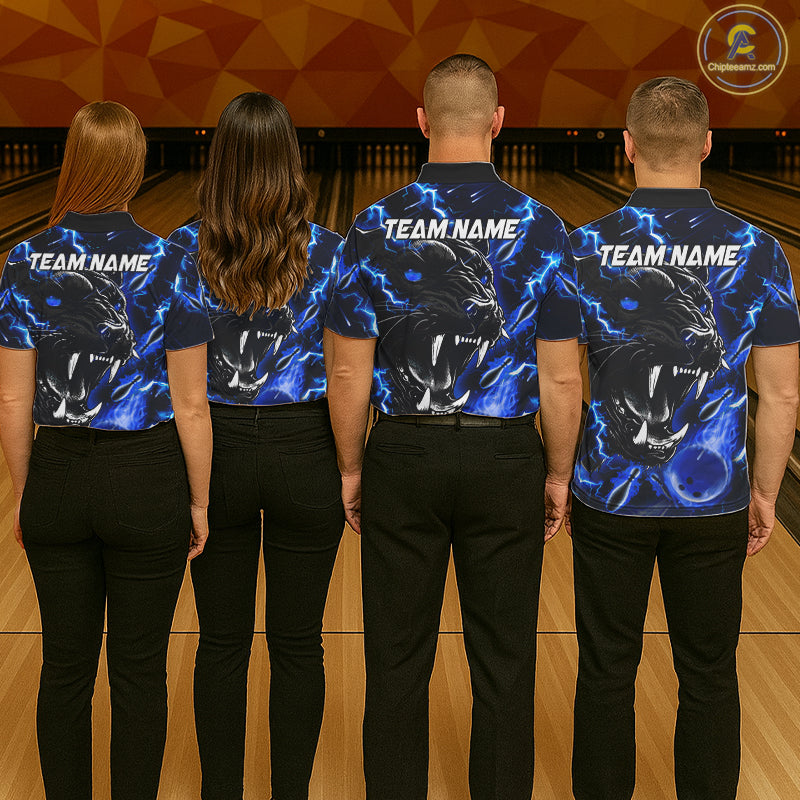 Bowling team wearing matching blue flame panther custom bowling jerseys front view.
