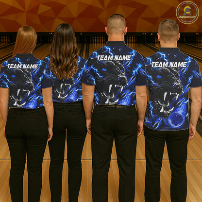 Bowling team wearing matching blue flame panther custom bowling jerseys front view.