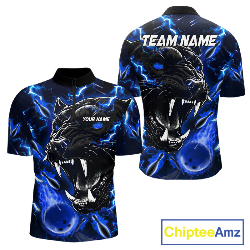 Blue flame panther quarter zip bowling shirt for men, custom bowling team jersey and tournament apparel.