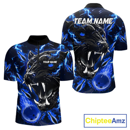 Blue flame panther quarter zip bowling shirt for men, custom bowling team jersey and tournament apparel.