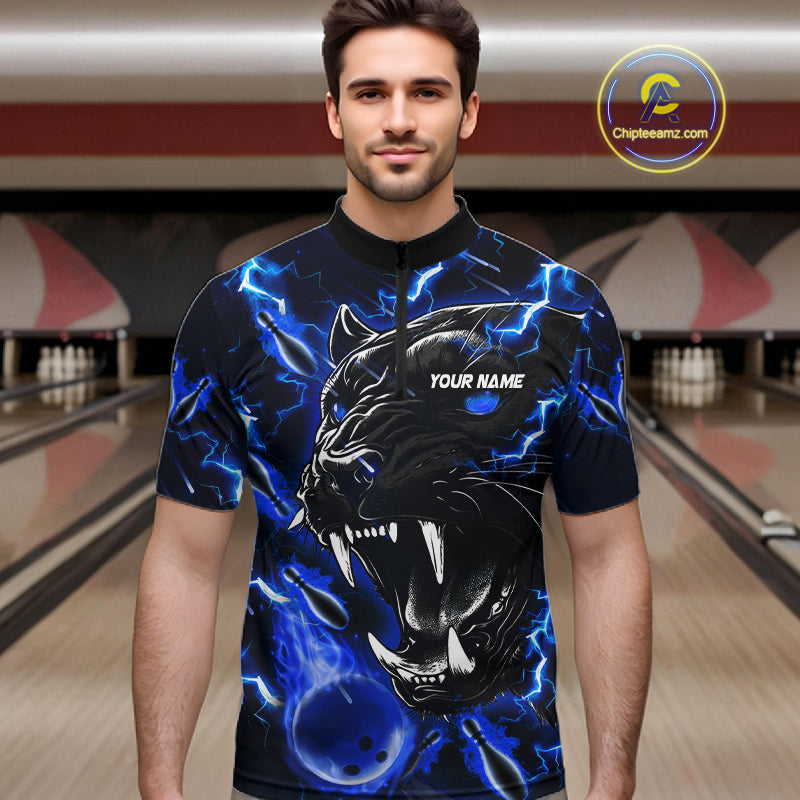 Man wearing a blue flame panther quarter zip bowling shirt front view, personalized bowling team apparel.