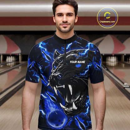 Man wearing a blue flame panther quarter zip bowling shirt front view, personalized bowling team apparel.