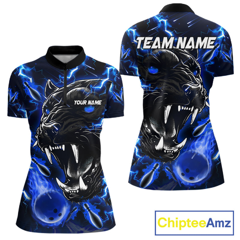 Blue flame panther quarter zip bowling shirt for women, custom bowling team jersey and tournament apparel.