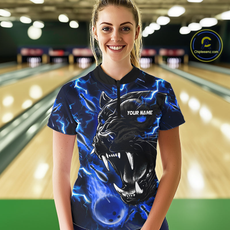 Woman wearing a blue flame panther quarter zip bowling shirt front view, personalized bowling team apparel.