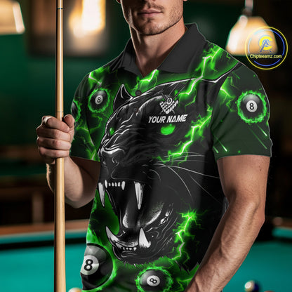 Woman wearing a green flaming panther 8 ball custom billiard jersey front view, personalized pool team shirt.