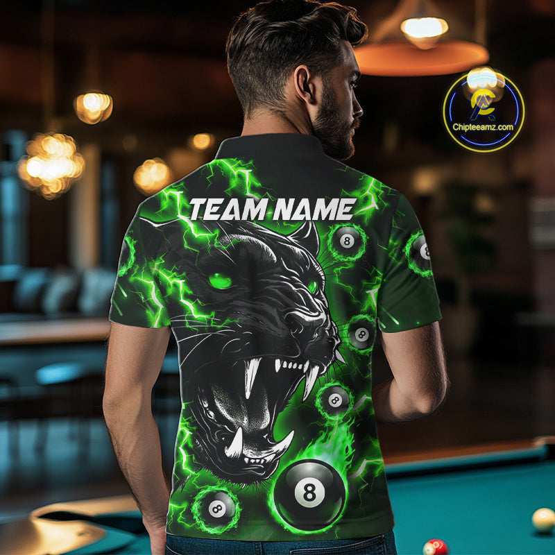 Back view of woman wearing a green flaming panther 8 ball billiard team jersey, custom pool tournament shirt.