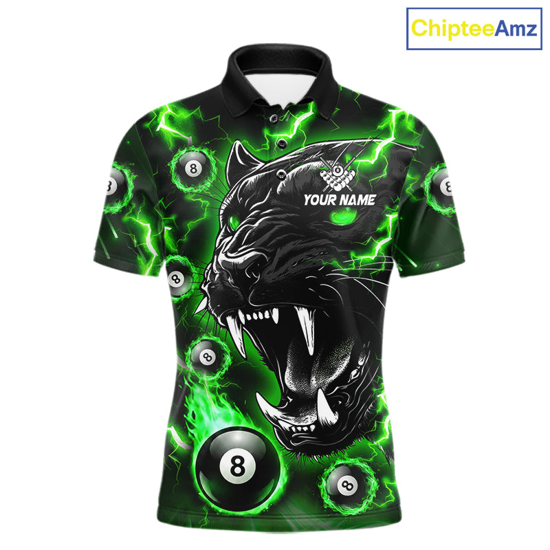 Green flaming panther 8 ball custom billiard polo shirt for women, personalized pool team jersey for tournaments.