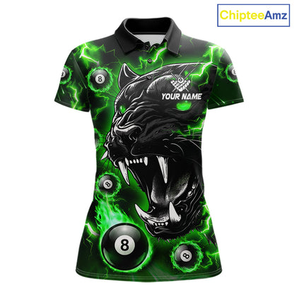 Green flaming panther 8 ball custom billiard polo shirt for men, personalized pool team jersey for tournaments.